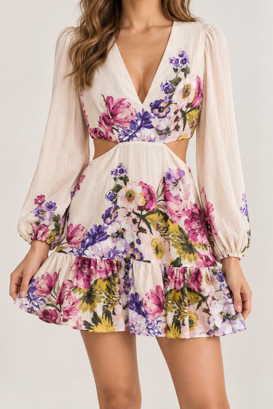 Express Floral Cream Dress S Deep V Waist Cutout Ruffle Coquette Balloon Sleeve
